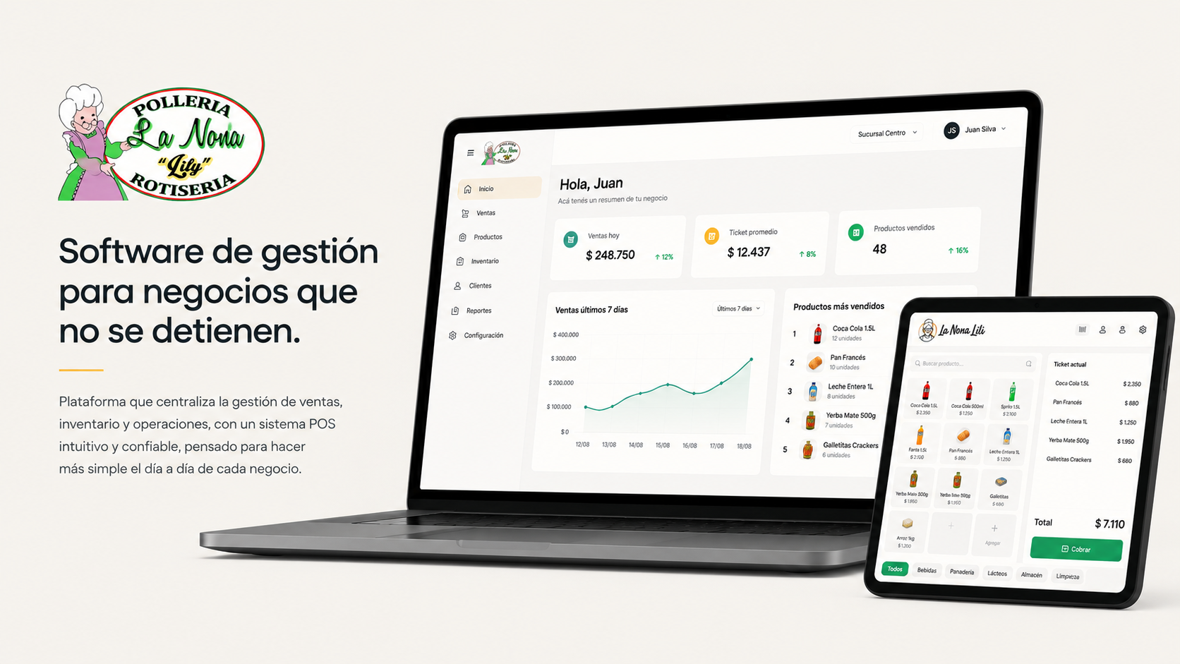 Sistema de gestión y POS de La Nona Lily en notebook y tablet