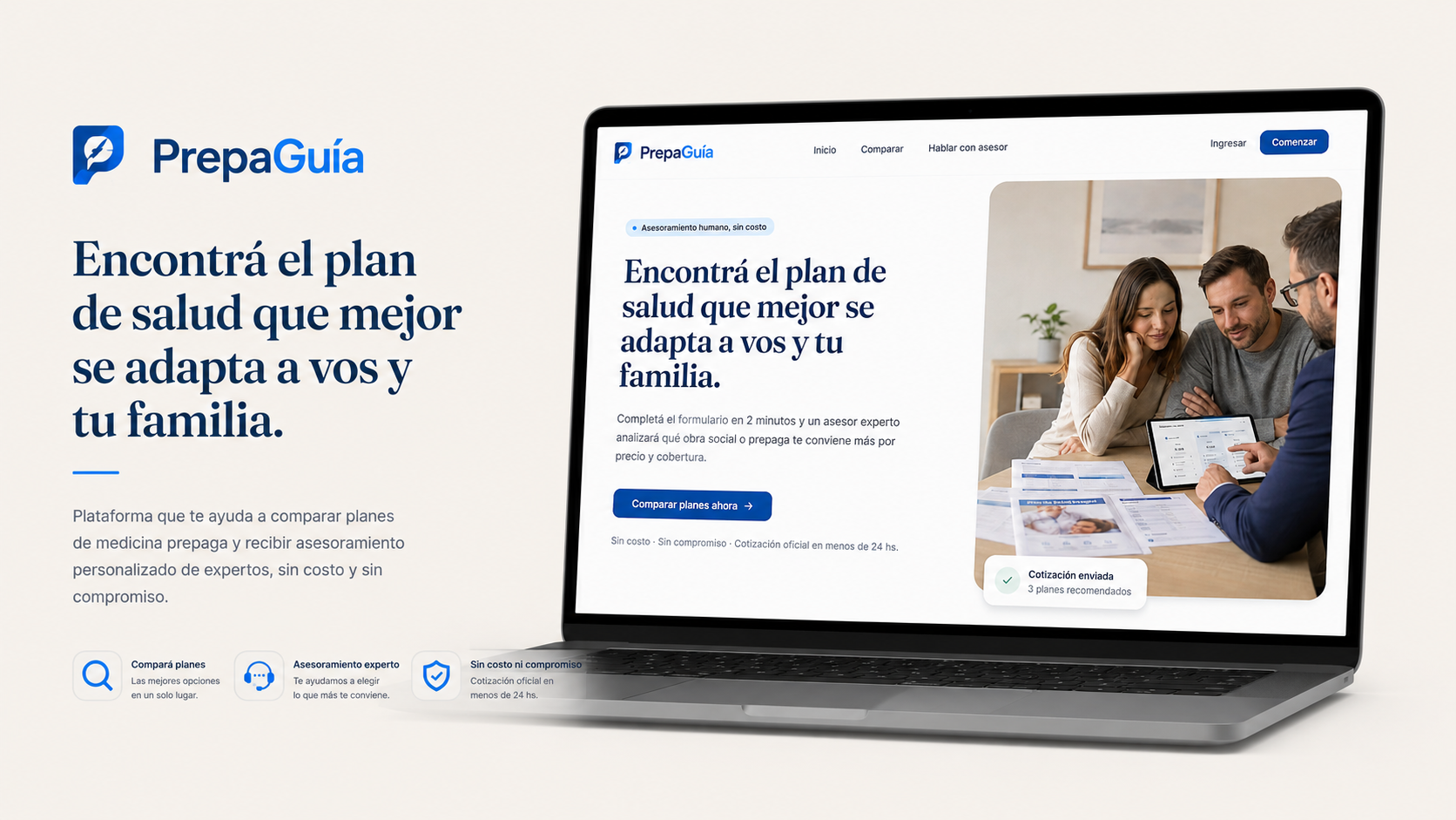 Comparador de planes de salud PREPAGUIA en una notebook